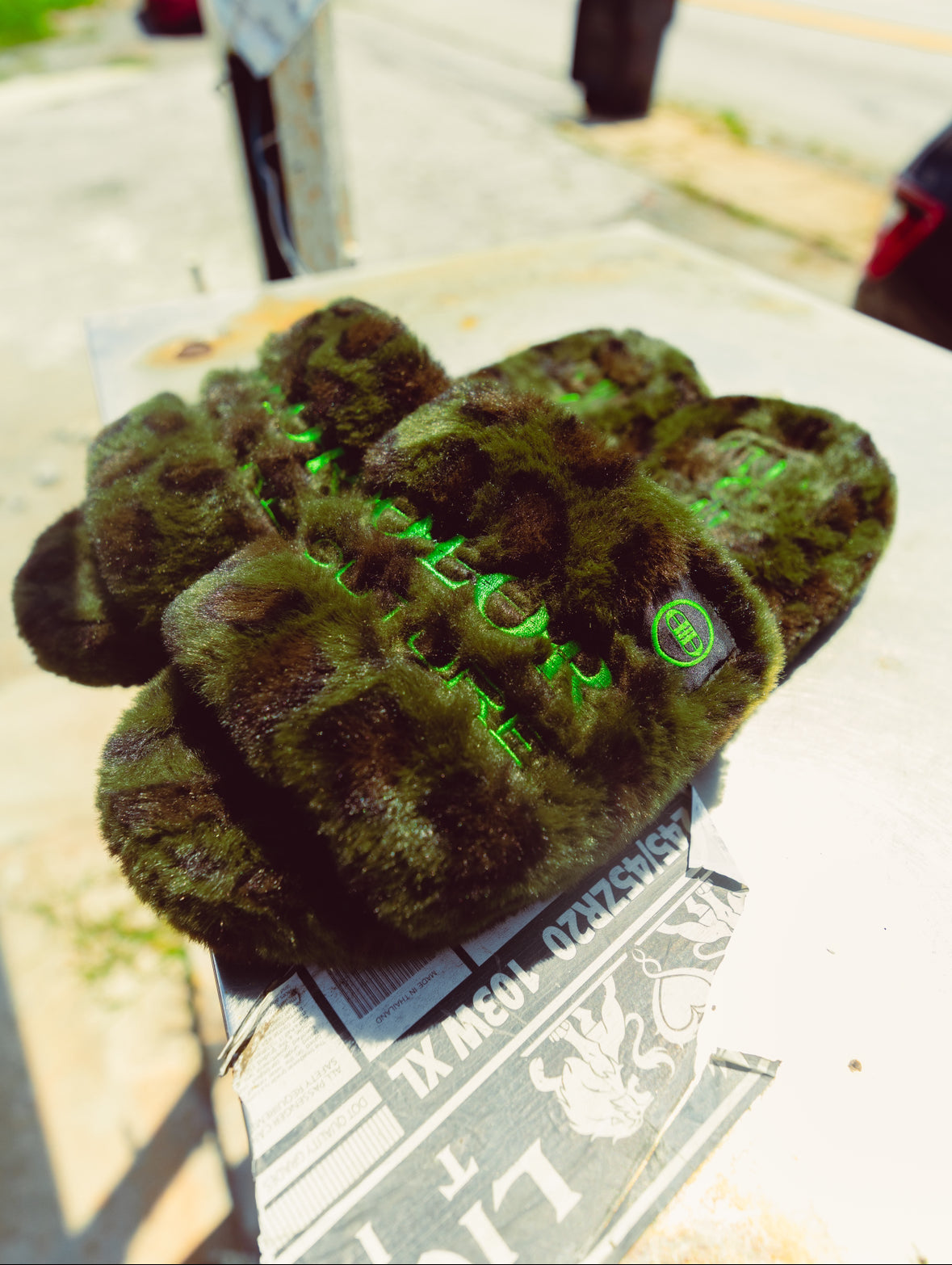 Furry Sandal in Green Leopard