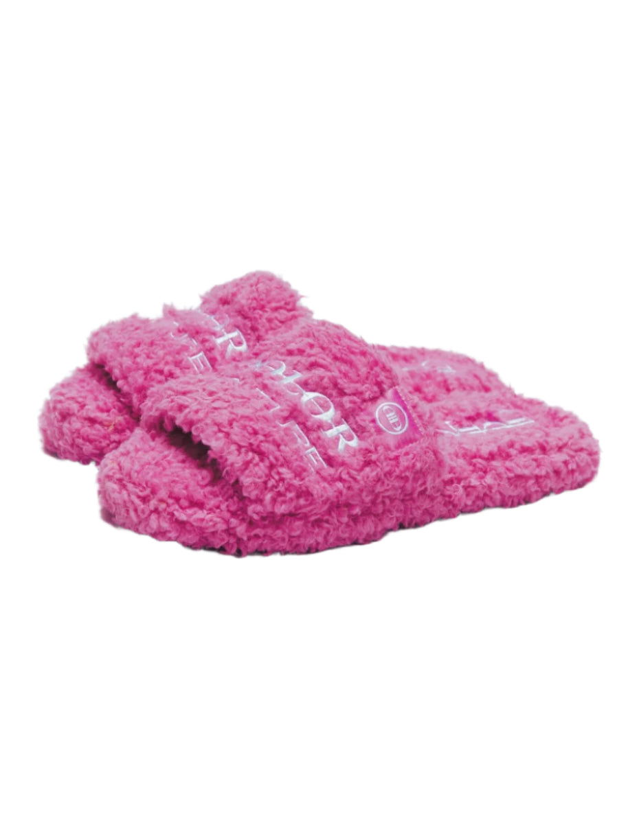 Furry Slide Sandal in Pink/White