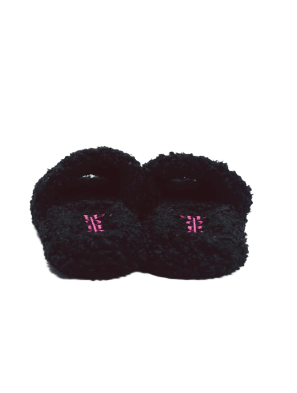 Furry Slide Sandal in Black/Pink/Green
