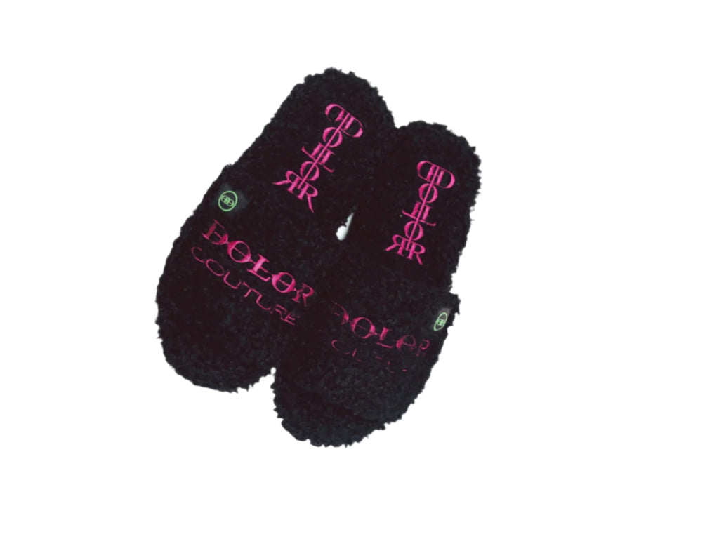 Furry Slide Sandal in Black/Pink/Green