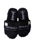 Black Furry Print Slides