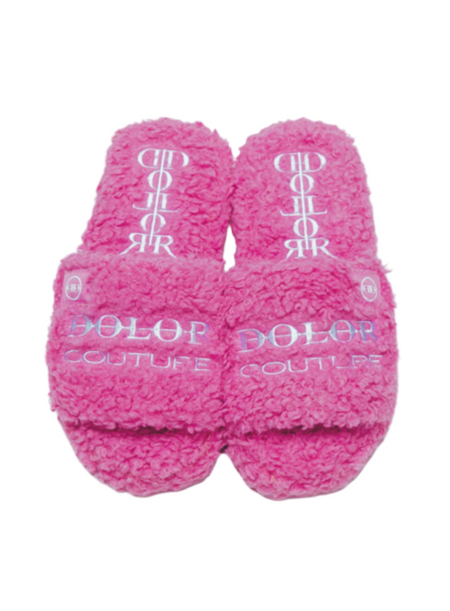 Furry Slide Sandal in Pink/White