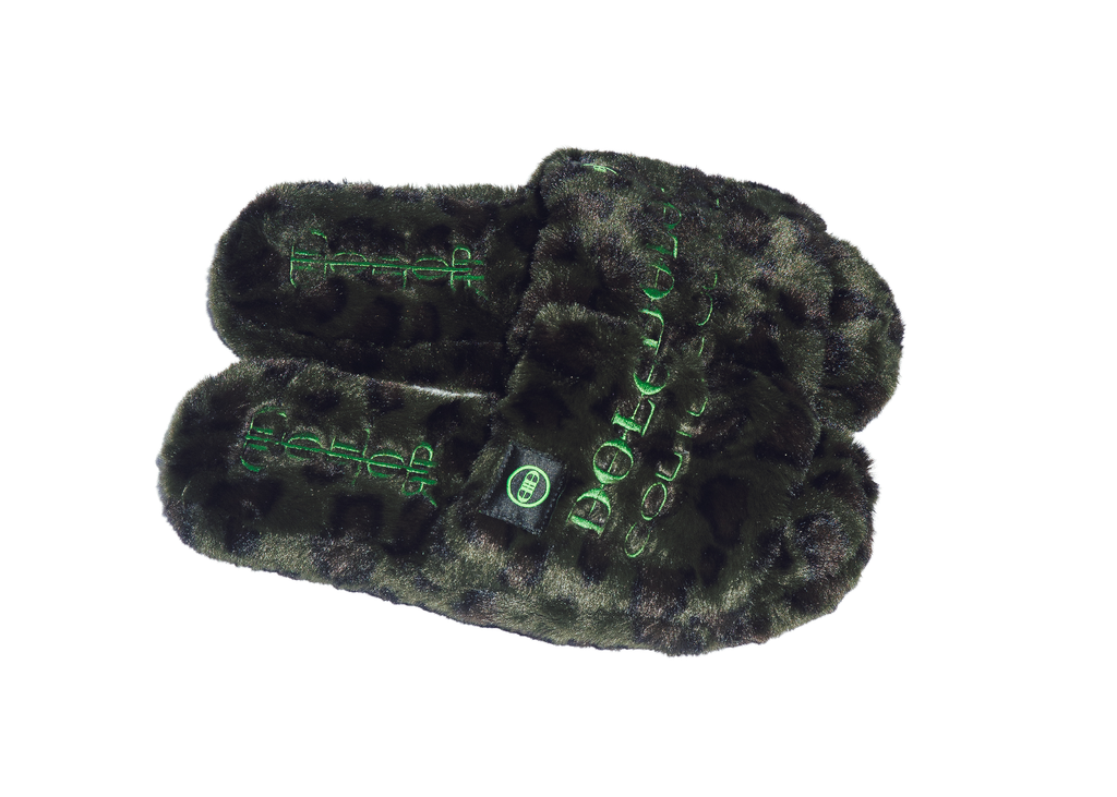 Furry Sandal in Green Leopard