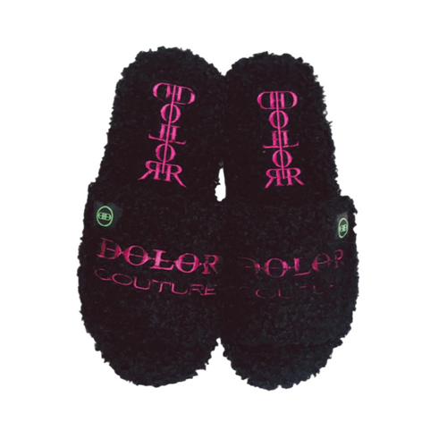 Furry Slide Sandal in Black/Pink/Green